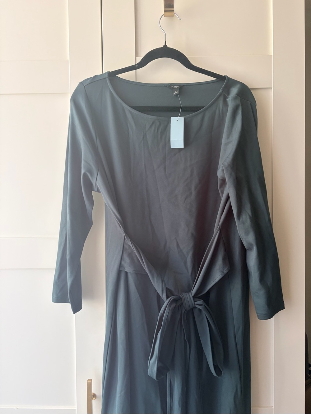 Ann Taylor Slate Gray Long-Sleeve Tie-Waist Dress